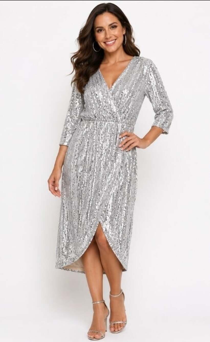 TFNC London silver sequined wrap midi dress Red Carpet UK 12 USA 8 Excellent T80